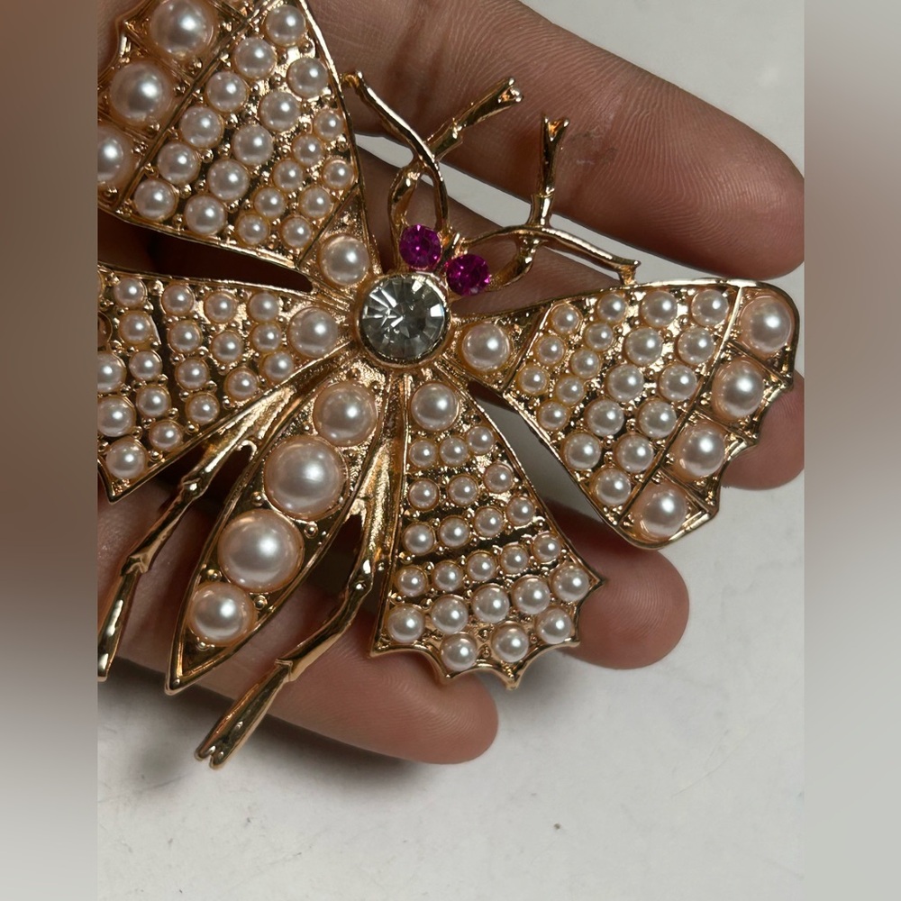 Gold-Tone Pearl & Crystal Butterfly Brooch - Elegant Women’s Jewelry